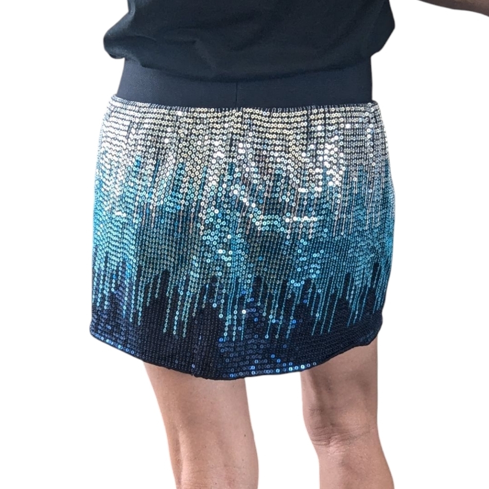Free People Ombre Sequin Mini Skirt Blue Silver Party M - Picture 2 of 12